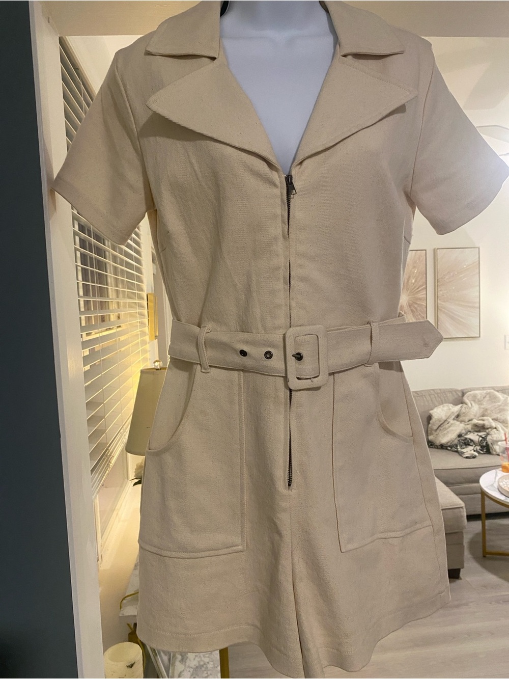 Beige Short Sleeve Belted Zip Romper